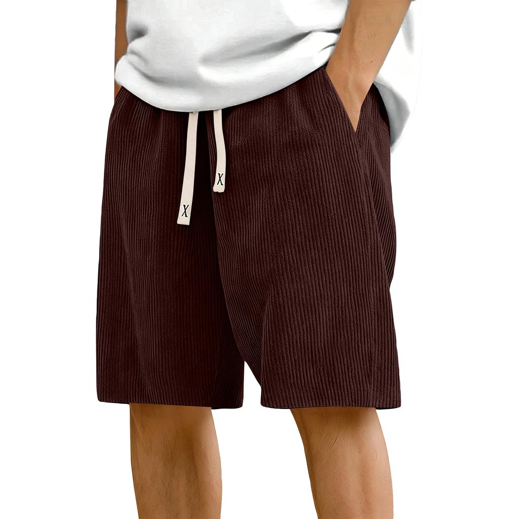 Men's Corduroy Casual Shorts Elastic Waistband Drawstring Outdoor Sports Shorts Lightweight Breathable Fabric Relaxed Fit