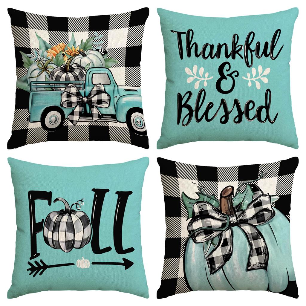 1 \ 4Pcs Autumn Thanksgiving Pillow Cover With Bow Truck Pattern Backrest Cover, Suitable For Room Living Room (No Pillow Core)