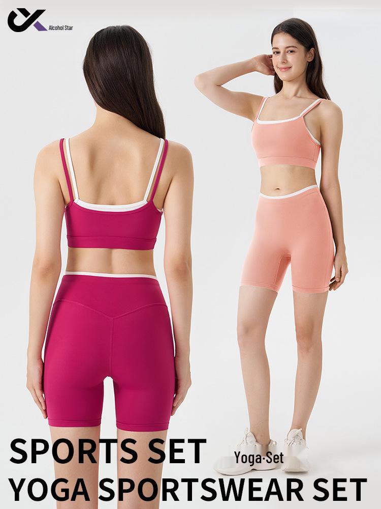 Damen Color-Block Yoga-Set: Dreiviertelhosen & BH mit dünnen Trägern