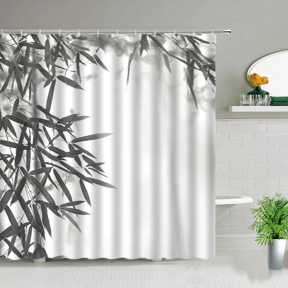 Bamboo Ink Painting Bathroom Shower Curtains Polyester Fabric Bath Screens Bathtub Decor Waterproof Hanging Curtain With Hooks