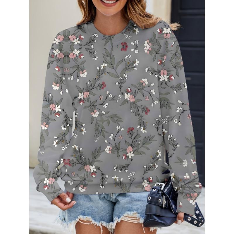 Neues Damen Buntes Schillerndes Blumenmuster Rundhals Sweatshirt Leicht Bequem Lässig Locker Übergröße Langärmliger Pullover