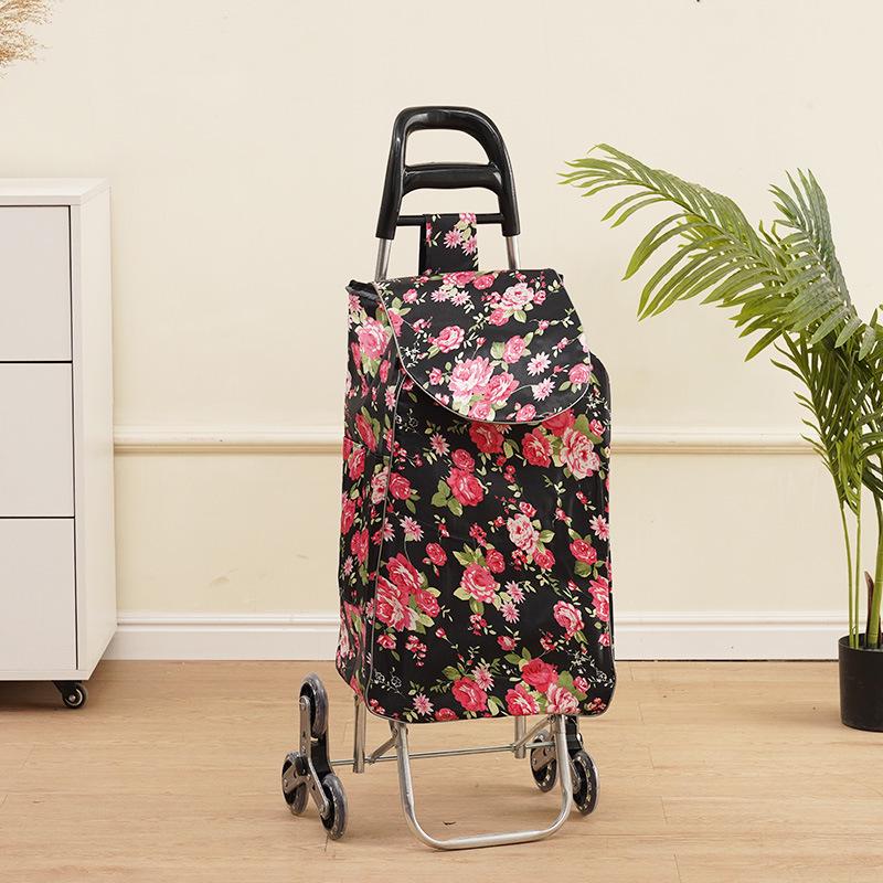 Portable Folding Trolley Cart for Seniors - Floral Pattern, Large Capacity for Grocery Shopping and Home Use