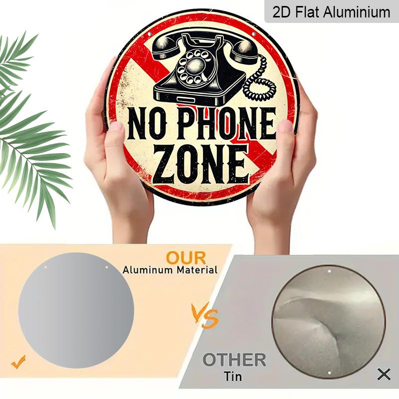 2D Flat 1pc, 8x8 in, No Phone Zone Round Aluminum Metal Sign - HD 2D Print, Perfect for Bedroom, Office, Living Room & Cafe Wall Decor - for Home