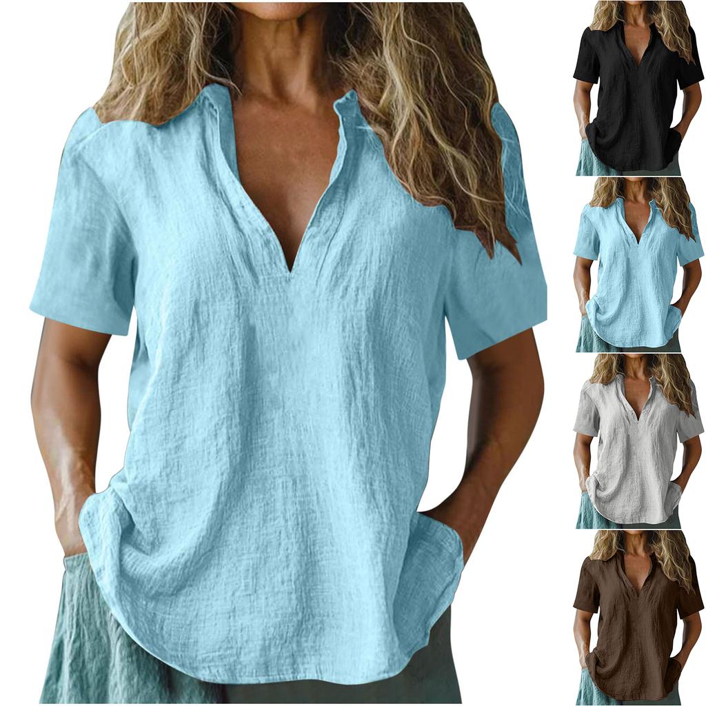 Womens Linen Short Sleeve V Neck Casual Blouse Loose Fit Lightweight Summer Top for Daily Work Travel Beach Wear