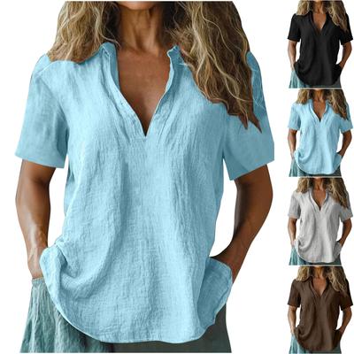 Womens Linen Short Sleeve V Neck Casual Blouse Loose Fit Lightweight Summer Top for Daily Work Travel Beach Wear
