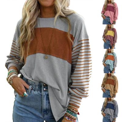 Women's Casual Loose Pullover Striped Contrast Color Long,sleeved T,shirt
