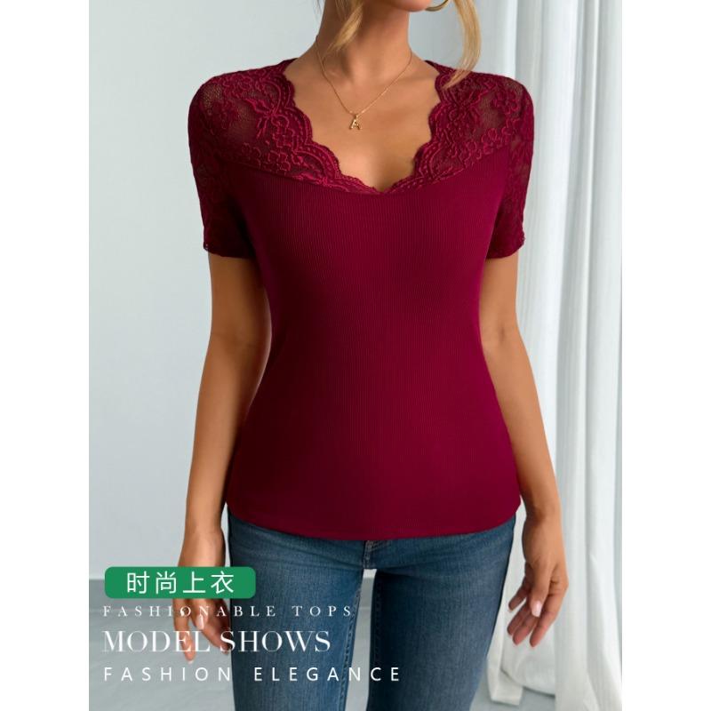 Sommer V-Ausschnitt Kurzarm Spitze Damen Bluse 2026 Neu Enganliegend Unifarben Elegant T-Shirt Büro Lässig Mode Einfaches Damen Oberteil T-Shirts Kleidung