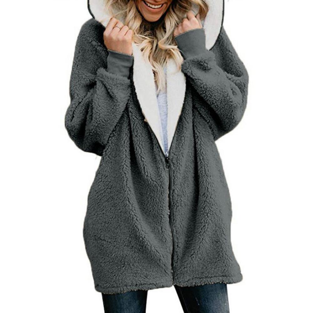 Fashion Solid Color Long-sleeved Hooded Knit Cardigan Jacket Winter Warm Zipper Coat