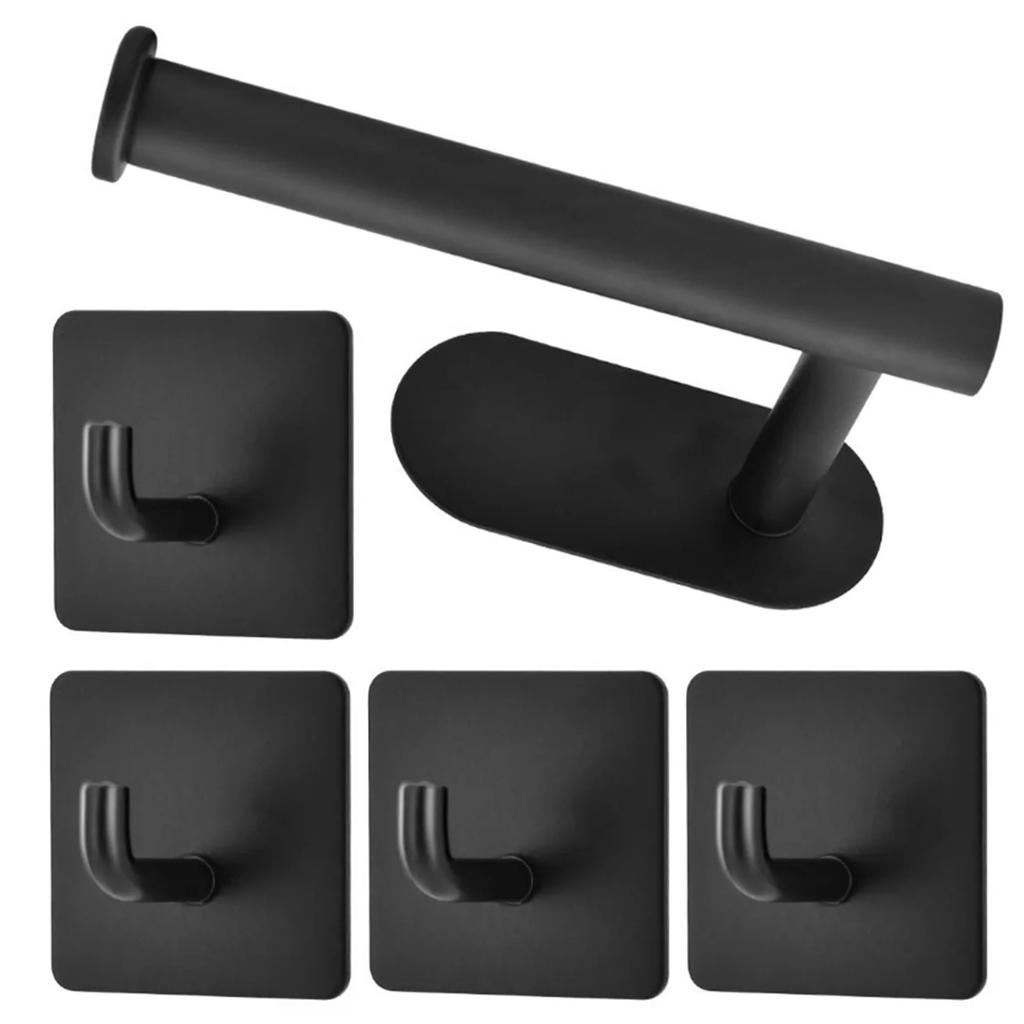 5Pcs Black Stainless Steel Toilet Paper Towel Holder No Punching Wall Mounted Adhesive Hook Paper Roll Rack