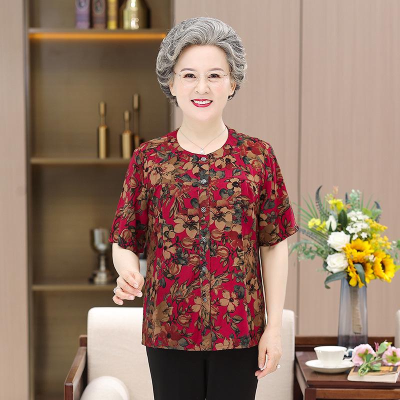 Elderly Women's Pure Cotton Short-Sleeve Summer Shirt