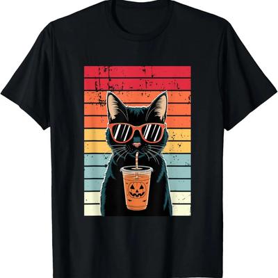 Trick or Treat Black Cat Hipster Funny Halloween Black Cat T-Shirt,Comfortable Pure Cotton