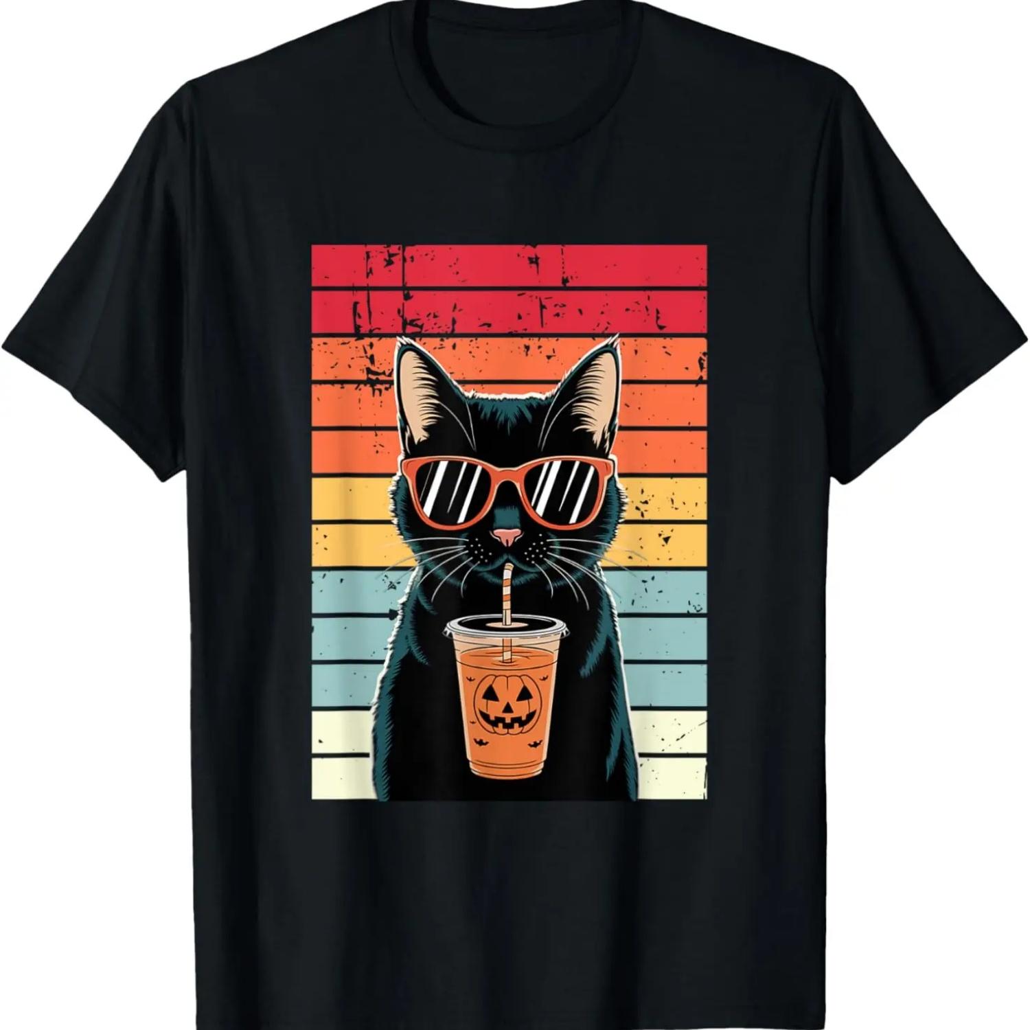 Trick or Treat Black Cat Hipster Funny Halloween Black Cat T-Shirt,Comfortable pure cotton S чёрный