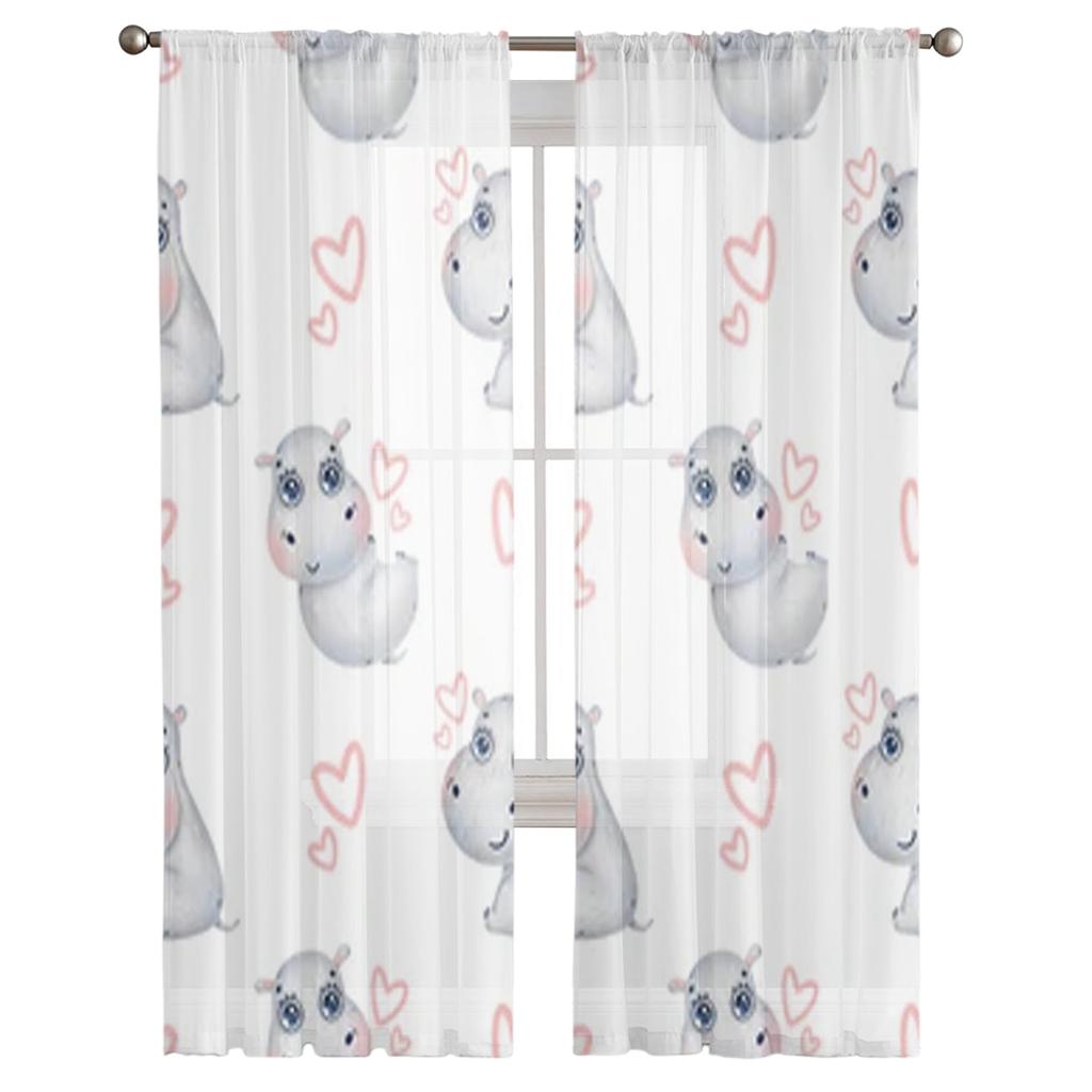 Cute Cartoon Hippos Sheer Window Curtains For Living Room Bedroom Modern Voile Tulle Curtains Fabric Drapes For Kitchen