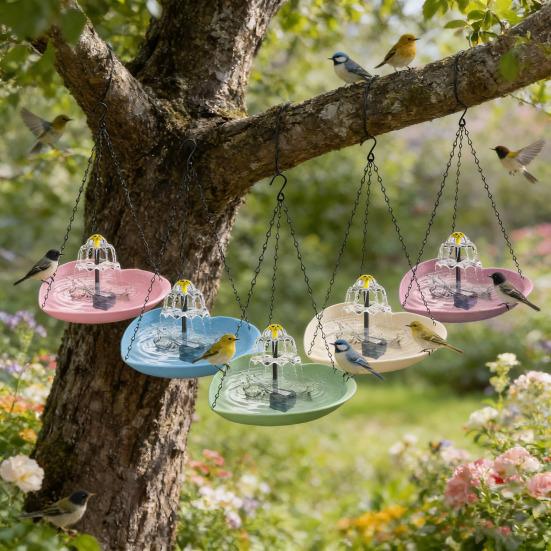 Solar Hanging Bird Bath Basin with Dual Water Flow Solar Fountain Space-Saving Outdoor Hanging Bird Waterer for Gardens Weather-Resistant Bird Bath