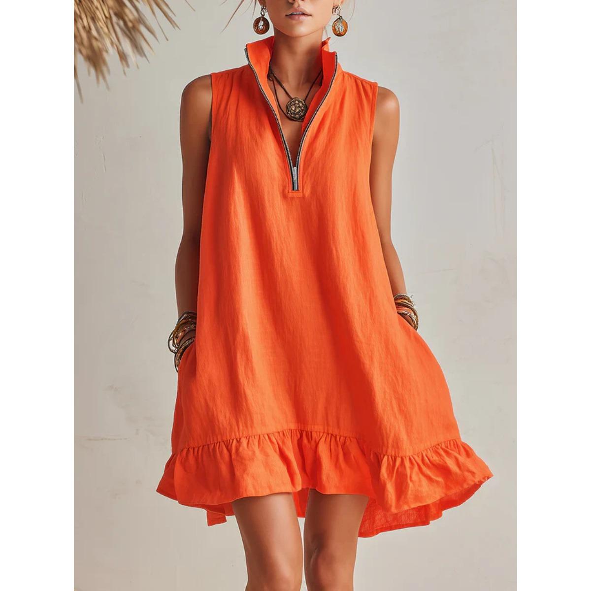 Spring Summer New Women s Sleeveless V-neck Zipper Dress Ruffle Trim A-line Dress With Dual Pockets For Europe America S оранжевый