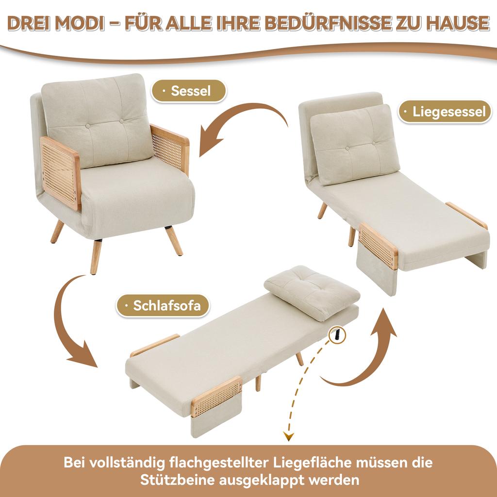 3-in-1 Sleeper Chair with Sleep Function, Foldable Relax Chair & Guest Bed, Lounge Chair with 5-Way Adjustable Backrest and Rattan Armrests, Beige.