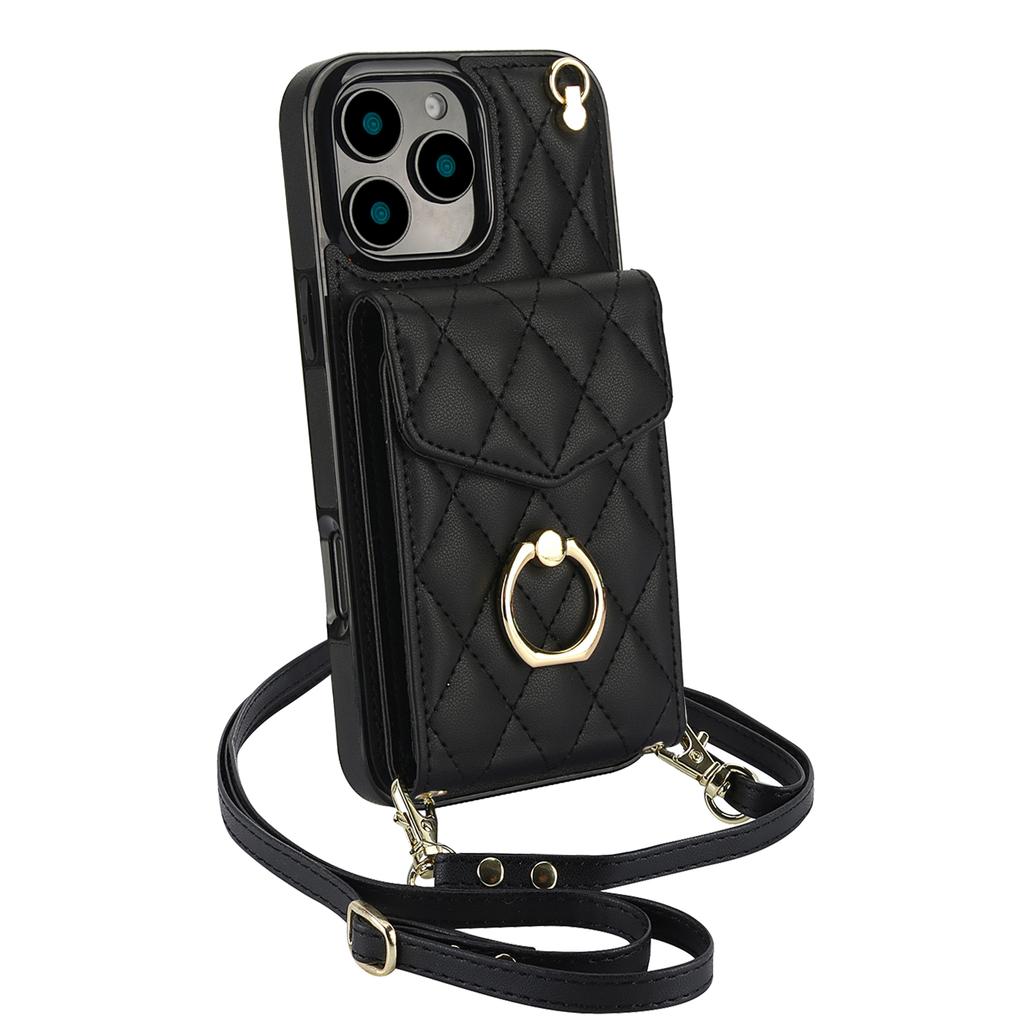 For iPhone 16 Pro Case Card Bag Leather+TPU Crossbody Phone Cover with Ring Kickstand