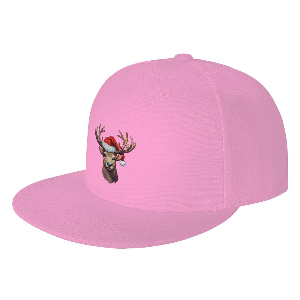 Fashion Adorable Christmas Reindeer donning a Santa Claus hat Flat Brim Sun Hat Holiday Travel Cap Unisex