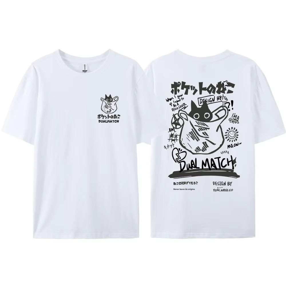 Kawaii Male Female Cartoon T-Shirts 2024 Summer Harajuku Cat Printed Short Sleeve Tees Couple Streetwear Loose Clothes Y2K Tops