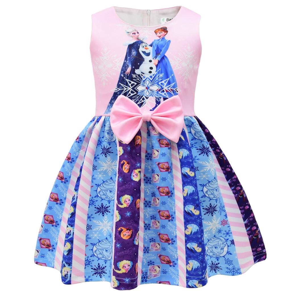 Frozen Elsa Cartoon Girl Dress With Cotton Blend Fabric For Summer Play