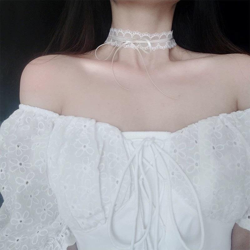 White Lace Bow Double Layer Hollow Versatile Clavicle Choker Necklace For Women