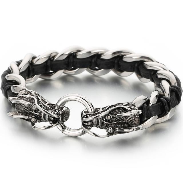 Pulsera Punk de Cuero Trenzado Lobo para Hombre Pulseras con Encanto de Mano para Hombre con Forma de Cabezas de Cráneo de Dragón Joyería de Acero Inoxidable de Lujo Gótico
