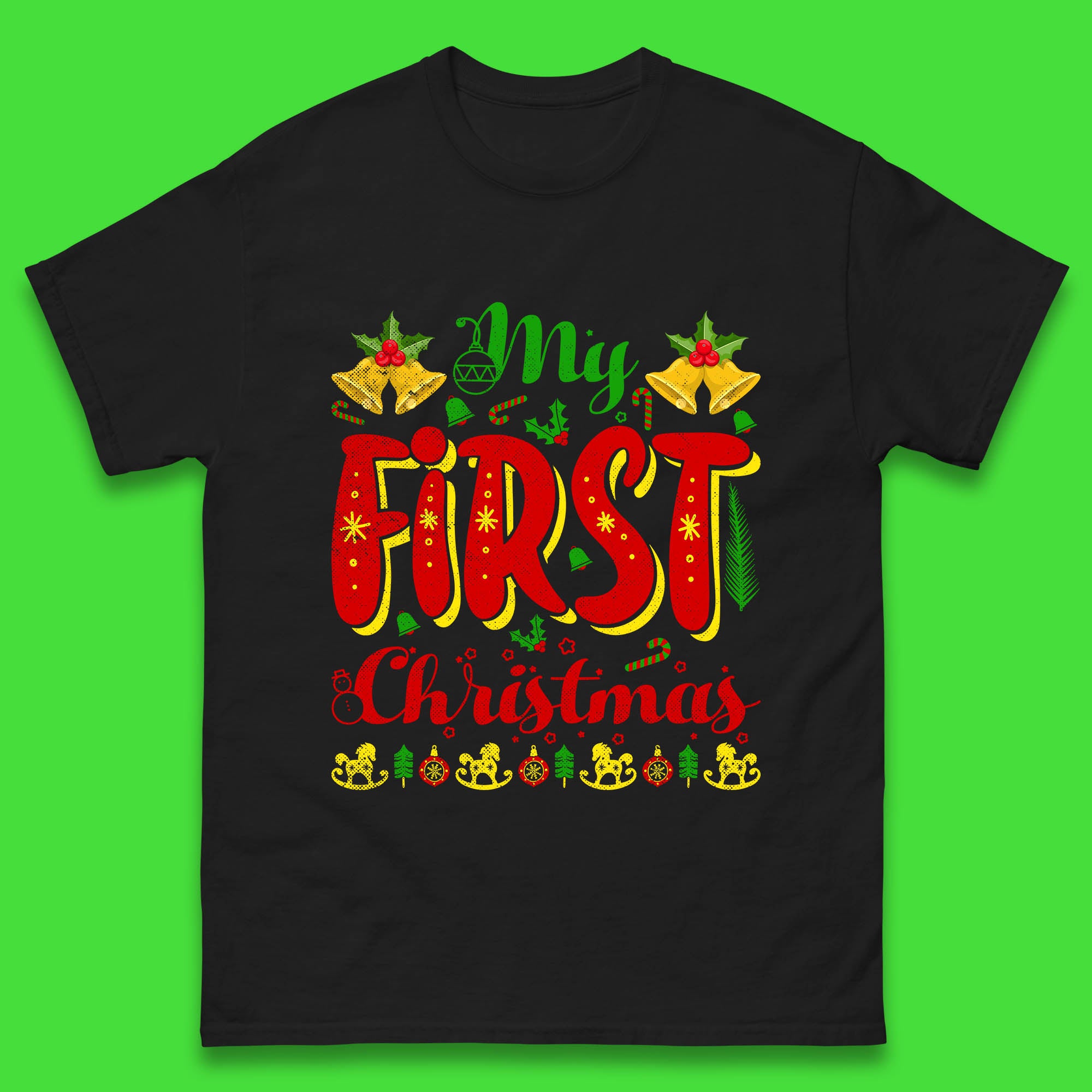 My First Christmas Jingle Bells Mens T Shirt Womens Tops Tees Christmas Tree Top XL