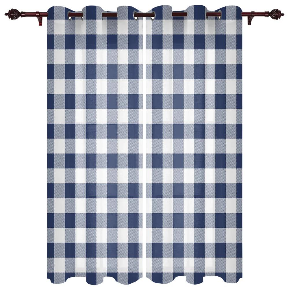 Navy Blue Lattice Idyllic Style Plaid Curtains for Bedroom Living Room Drapes Kitchen Kid's Room Window Curtain Home Decor