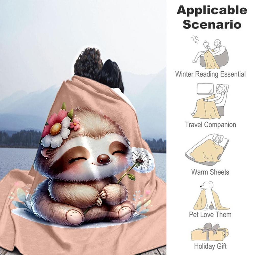 1pc Sloth Flowers Outdoor Flannel Blanket Soft Warm All-Season Throw for Sofa Bed Car Camping Office, Cozy Gift Idea1283S