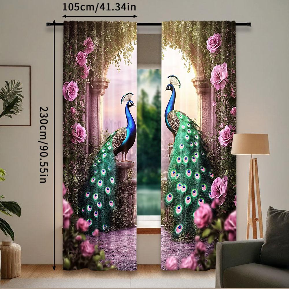 2Pcs Retro Peacock Printed Curtains For Study Room Kitchen Living Room Dorm Room Bedroom Room Decor Home Decor A