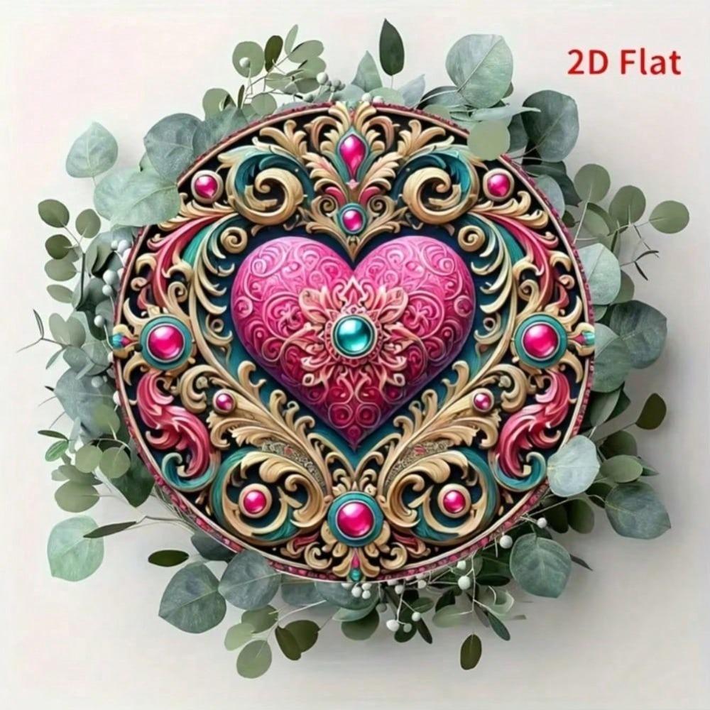 2D Flat Metal Tin Sign Valentine's Day Decor Happy Valentine's Day with Floral Wreath Pink Hearts Golden Swirls Durable Iron Wall Art Home Living Room