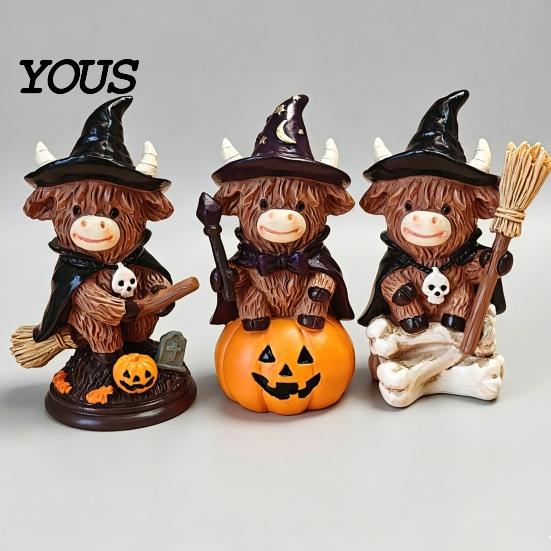 Halloween Highland Cow Decor Figurine, Witch Pumpkin Skull Statue, Resin Scottish And Skeleton Figurine Ornament for Calf Lovers, Shelf, Tiered Tray,