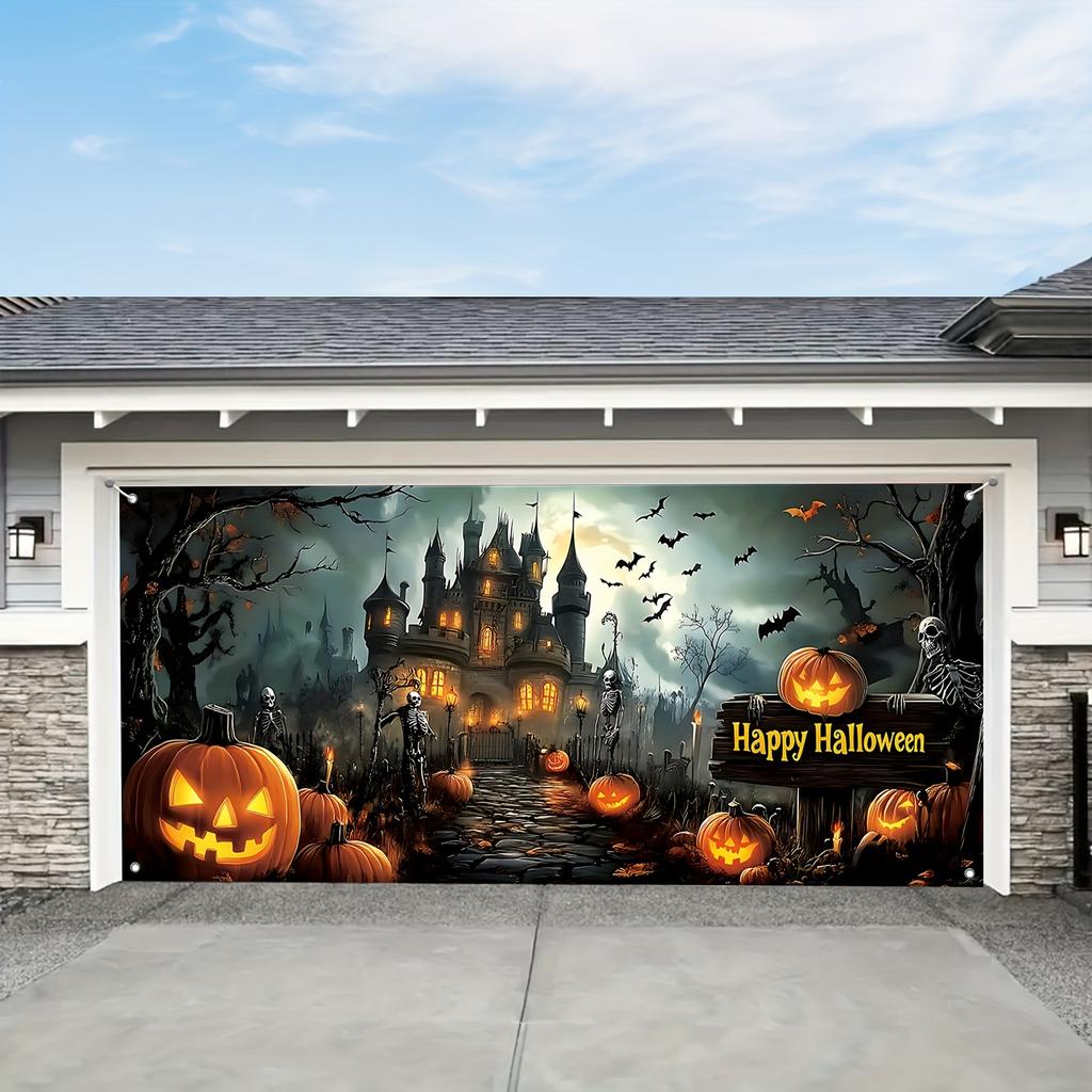 2D Banner 1 piece Spooky Halloween - Scary pumpkin and skeleton design with haunted house themed outdoor decorations