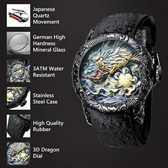 MASTOP mens fashion big dial 3D carved dragon watch quartz luxury exquisite creative fashion/black 50 mm wristwatch.