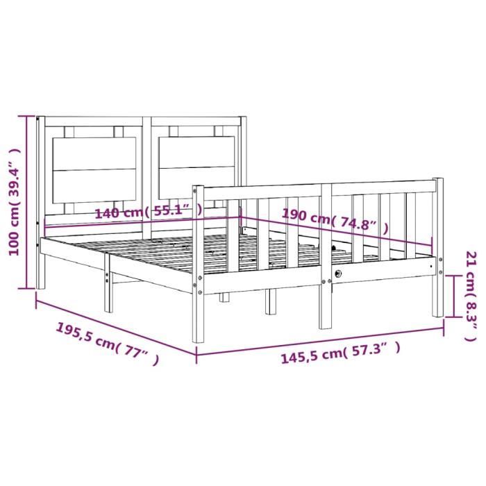 VidaXL Cadre de lit avec tête de lit 140x190 cm bois massif 3192146
