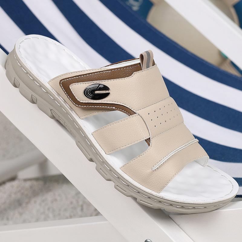Large Size Men Slippers High Quality Cowhide Leather Slippers Summer Casual Beach Slippers Outdoor Non-slip Flat Sandals for Men