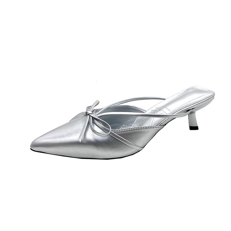 Fashion Pointed Bow High-heeled Half Slippers Women's New Summer Baotou Shallow Mouth Sexy Thin-heeled Sandals and Slippers