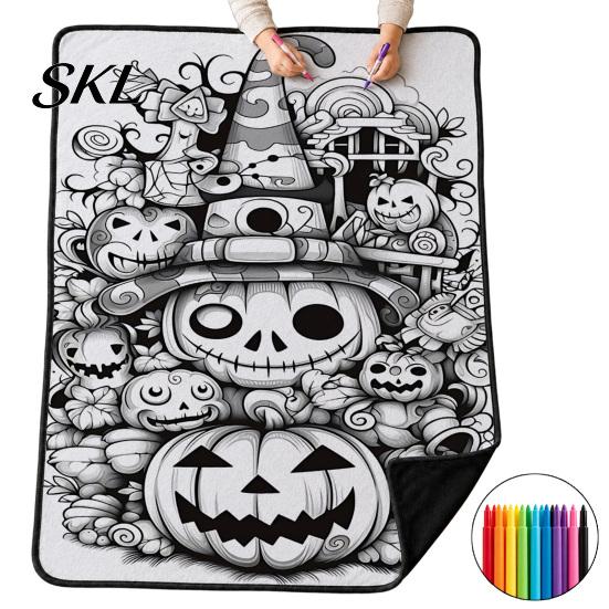 Kreativní sady pro relaxaci Halloween DIY deka na vybarvování se 24 fixami, Vybarvěte si vlastní přehoz, Přizpůsobitelná dekorace na postel, Deka,
