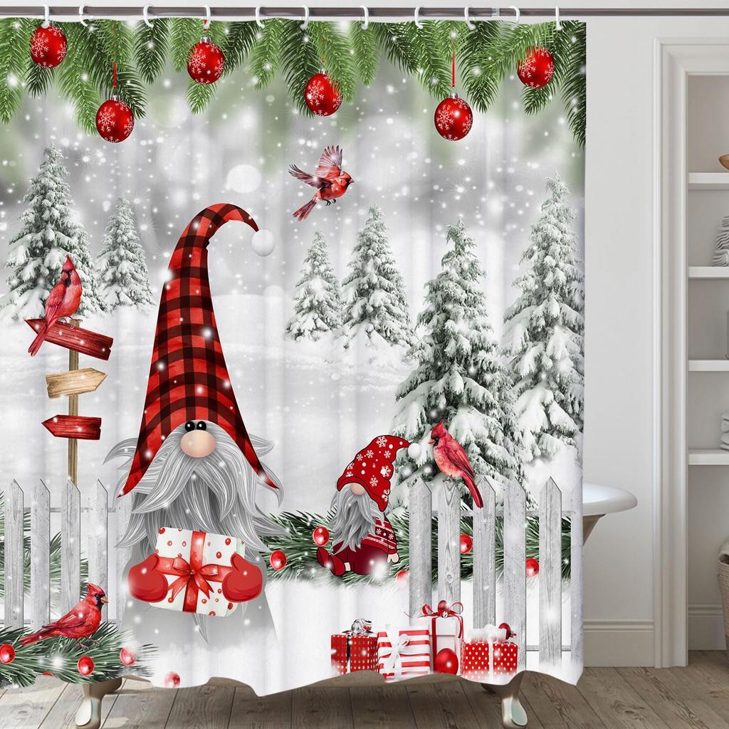 Christmas Gnome Shower Curtain with Cardinals & Snowy Xmas Balls Design, Funny Winter Bathroom Decor  for Festive Holiday Style