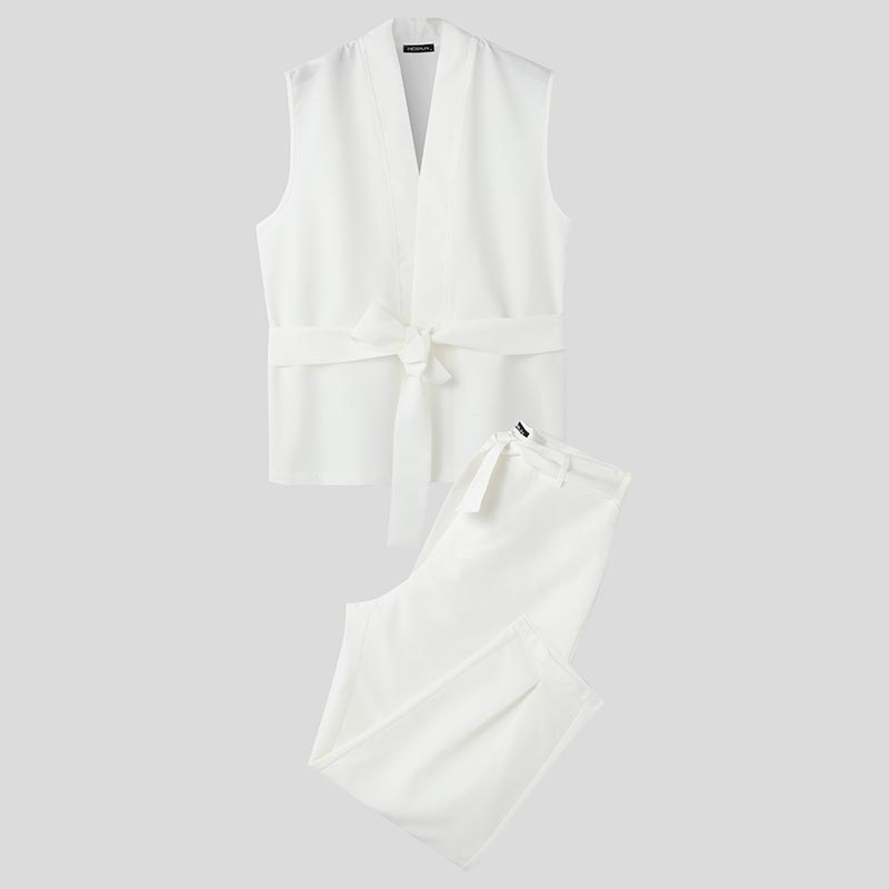 INCERUN 2PC Men Sleeveless Bandage Tank Tops and Long Casual Pants Two Pieces Sets