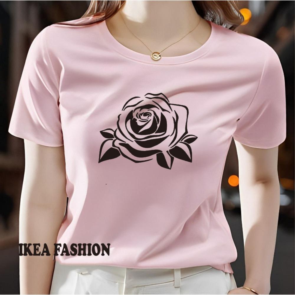 Ladies' Rose Printed T-shirt - Lightweight Polyester Short Sleeve Round Neck Top Machine Washable Spring, Summer, Autumn Casual Shirt