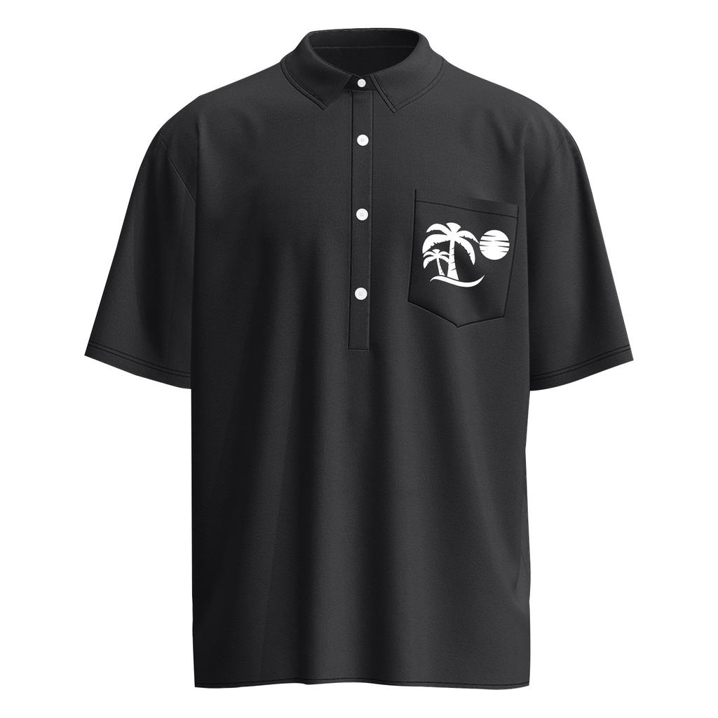 Men's Summer Solid Color Print Four-sided Stretch Lapel Button Pocket Shirt Casual Sports Short-sleeved Top