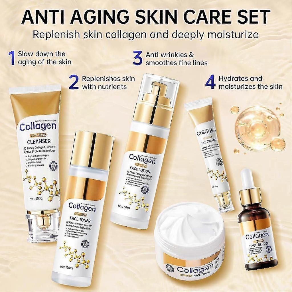 Kollagen Hautpflege-Set, Anti-Aging Hautpflege-Set für das Gesicht, Poren verfeinern, Haut mit Feuchtigkeit versorgen & straffen, 6-teiliges Hautpflege-Set mit Reinigungsmittel, Toner, Lotion, Serum,