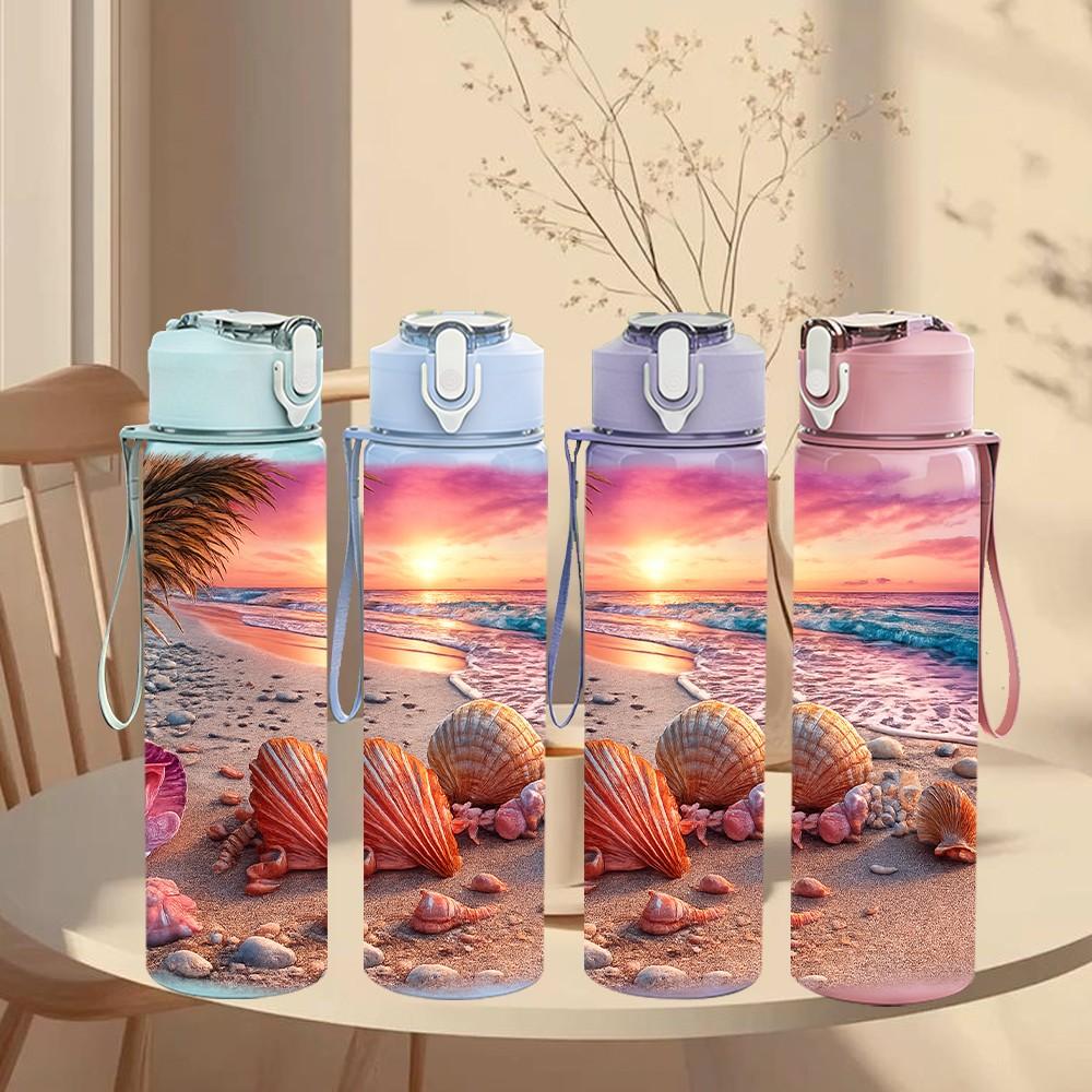 1PC Beach Sunset Ocean View Print 750ml Color Plastic Sports Water Bottle Leakproof Flip Straw Lid Suitable for Sports Office Home Use