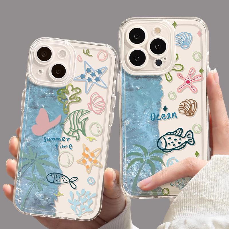 Underwater World Apple 16 mobile phone case transparent iphone16pro spring 15pro cute 13 fresh 12 all-inclusive