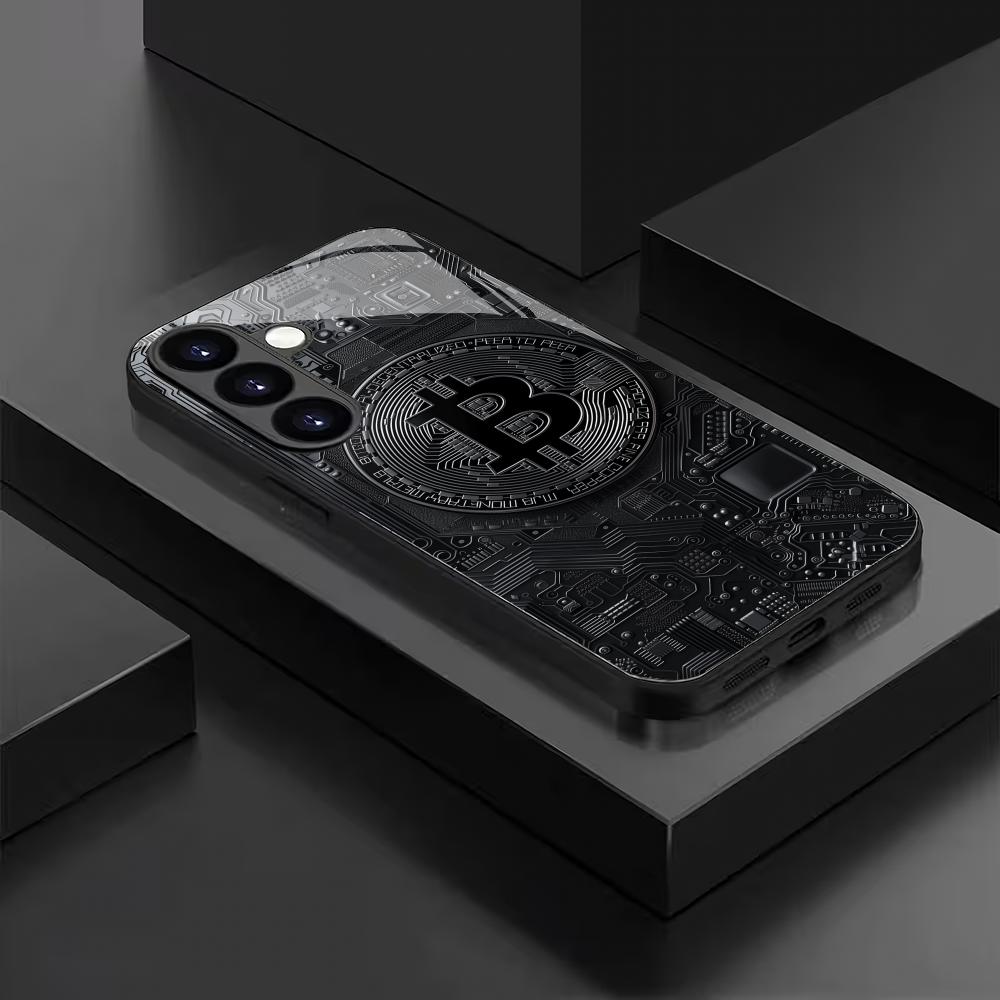 Bitcoin black tempered glass phone case suitable for Samsung Galaxy S26 S25 S24 S22 S21 S20 FE/Ultra/Plus anti drop back cover