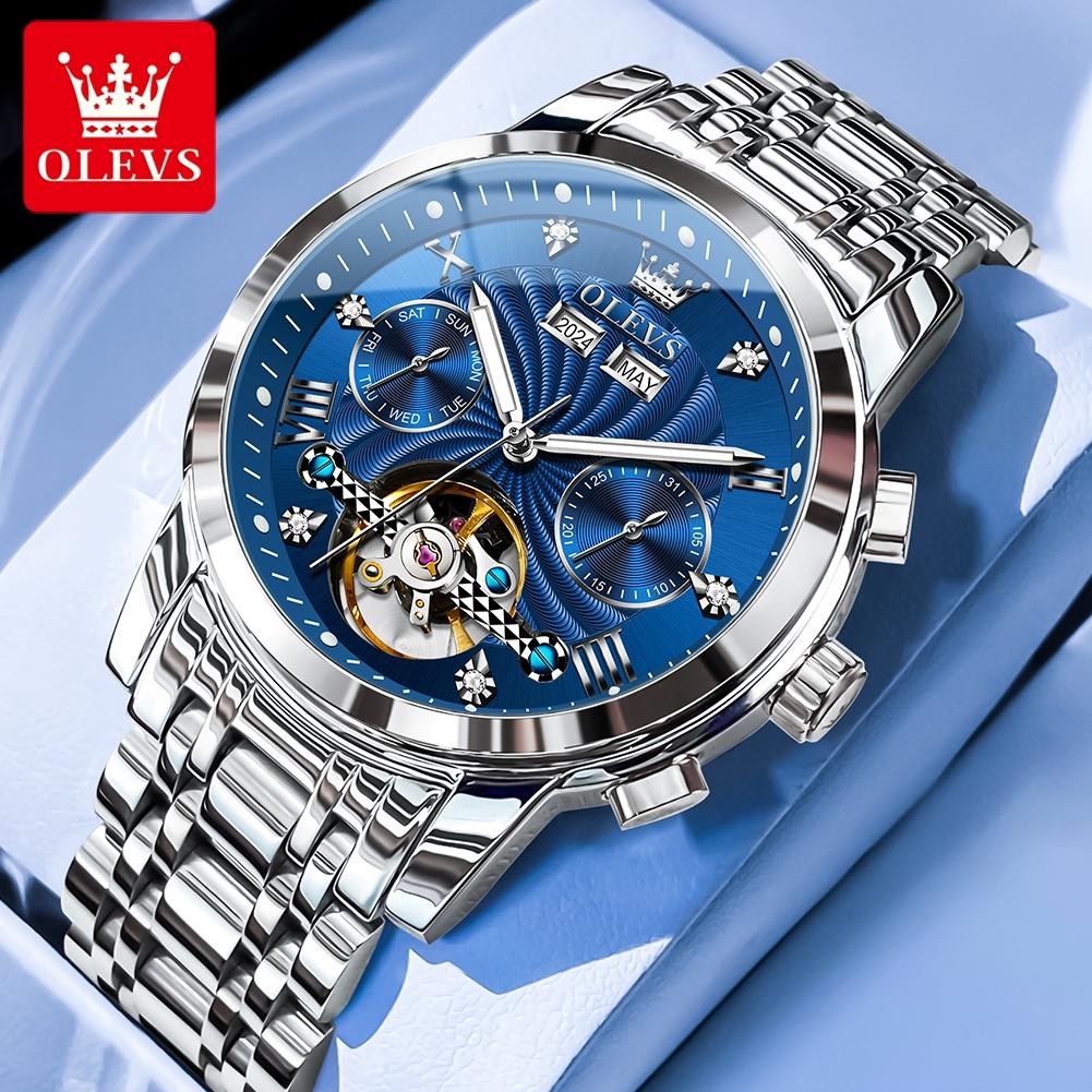 OLEVS Men's Watches Luxury Fashion Fine Steel Original Automatic Mechanical Watch for Man Flywheel Movement Calendar Waterproof
