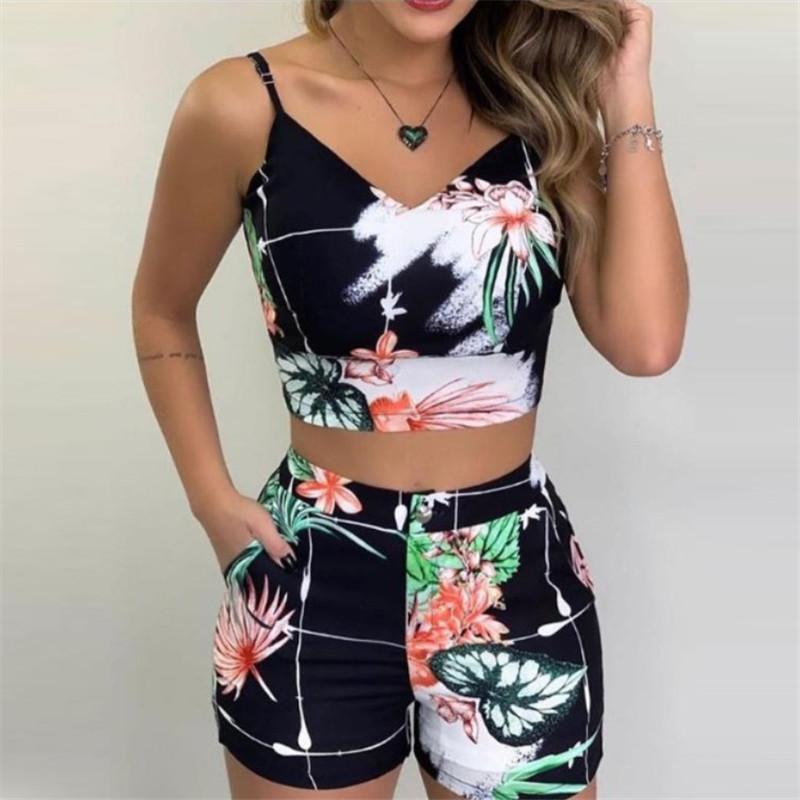 Summer Women Fashion 2-piece Outfit Set Sleeveless Print Top and Shorts Set for Ladies Women Party Wear