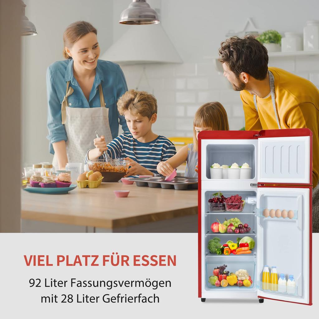 92L Doppeltür Kühlschrank mit 28L Gefrierfach, 45dB, LED, Glasablagen, Gemüsefach, Türablagen, Rot, ideal für Küche/Wohnzimmer/Büro