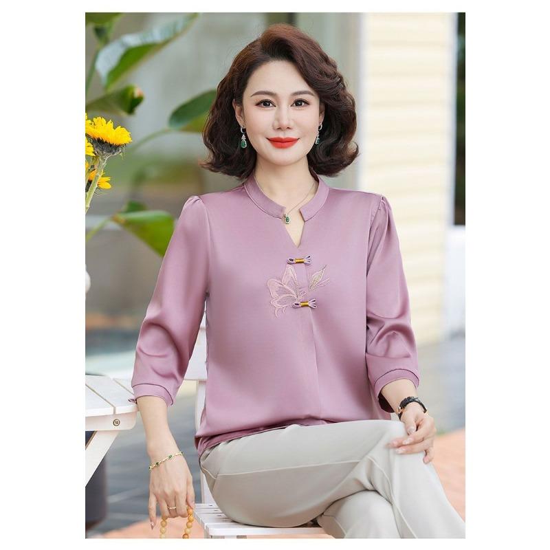 Chinese Style Mandarin Collar Blouse Embroidered Butterfly Half Sleeve Casual Women's Top